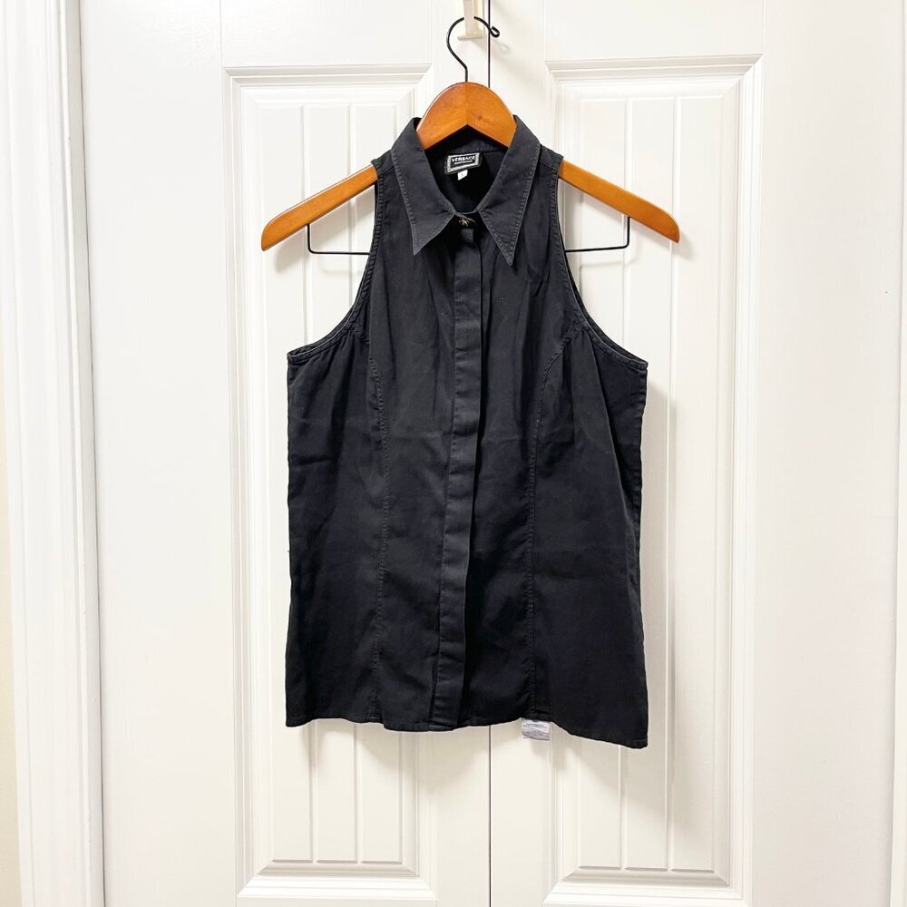 Vintage Versace Jeans Couture Sleeveless Button Up Blouse Black